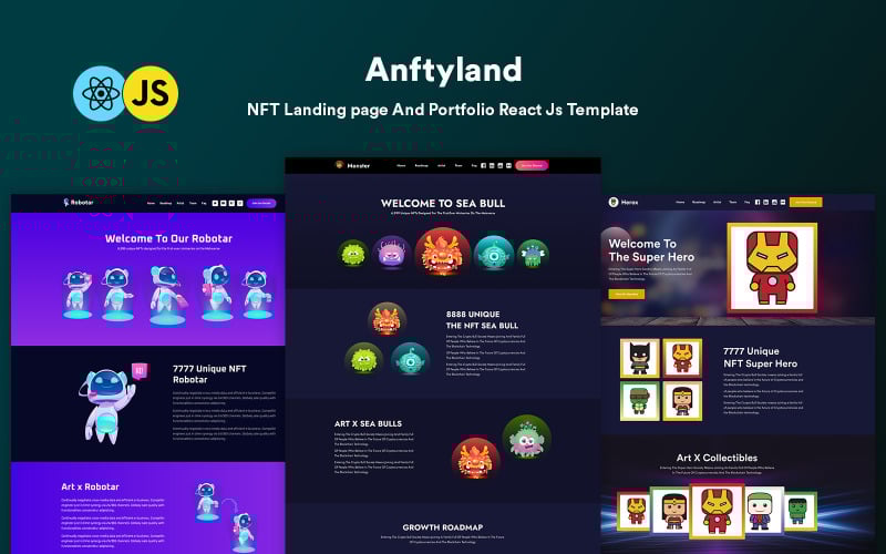 anftyland nft landing page and portfolio react js template original