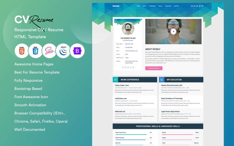 artisan personal resume landing page html template original