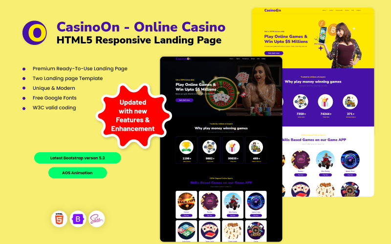 casinoon online casino html responsive landing page original