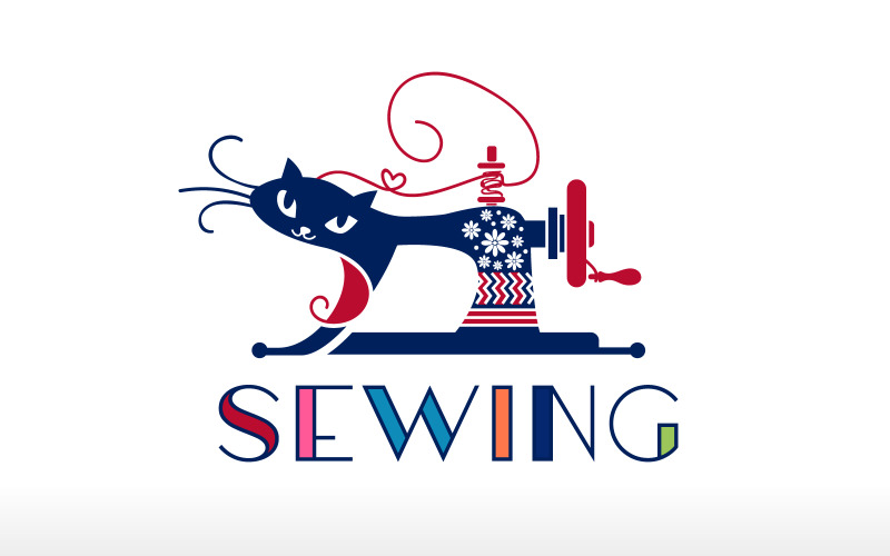 creative cat crafting sewing machine logo design vector icon symbol illustration original