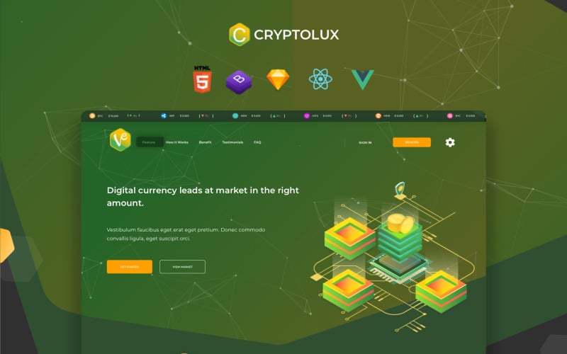 cryptolux crypto currency landing page react vue html and sketch template original