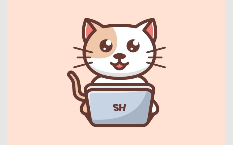 cute kitten cat with laptop illustration original