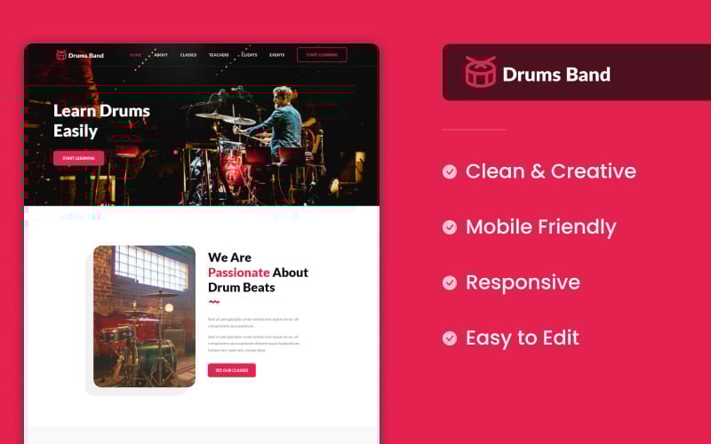 drums band bootstrap landing page html template original