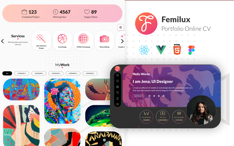 femilux html react vue figma portfolio online cv template original