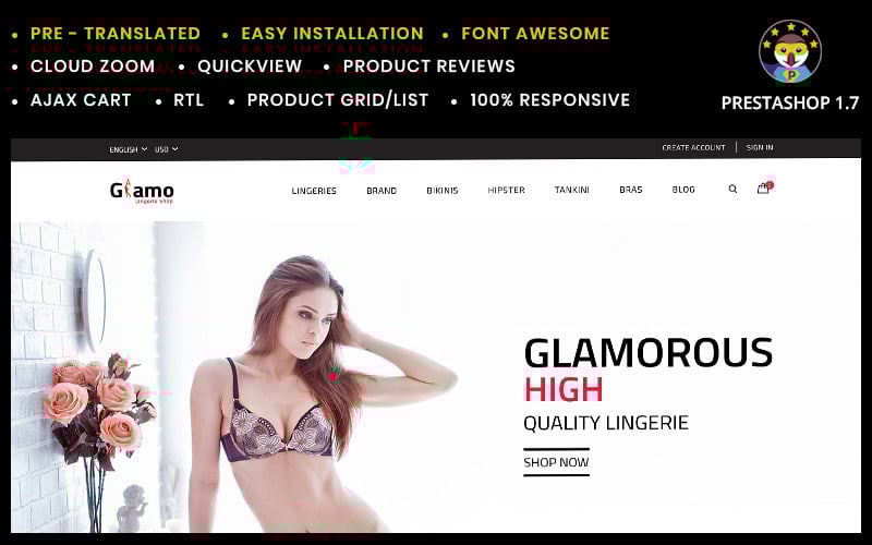 glamo lingerie prestashop store template original