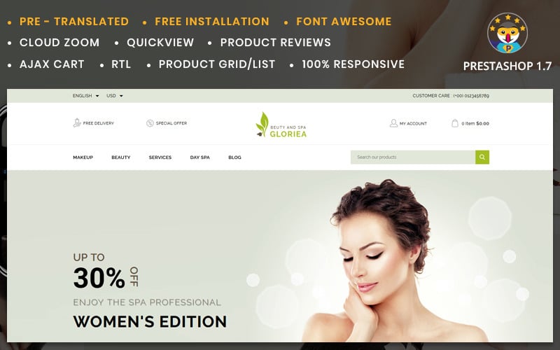 gloriea spa and beauty prestashop theme original