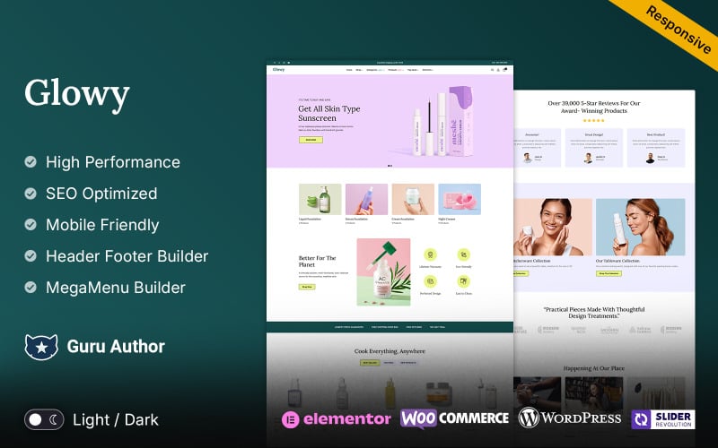 glowy cosmetics and skin and beauty elementor woocommerce theme original