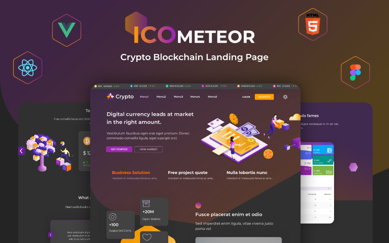 icometeor crypto blockchain react vue html and figma landing page template original