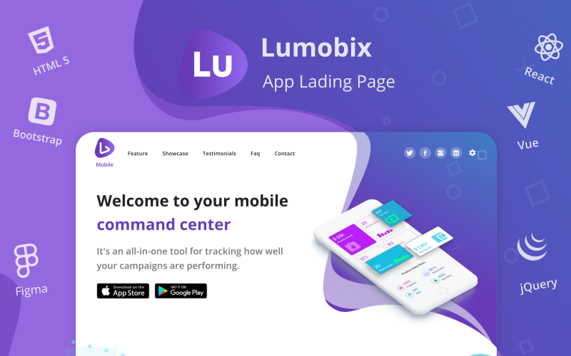 lumobix landing page template for mobile apps showcase with react vue html and figma original