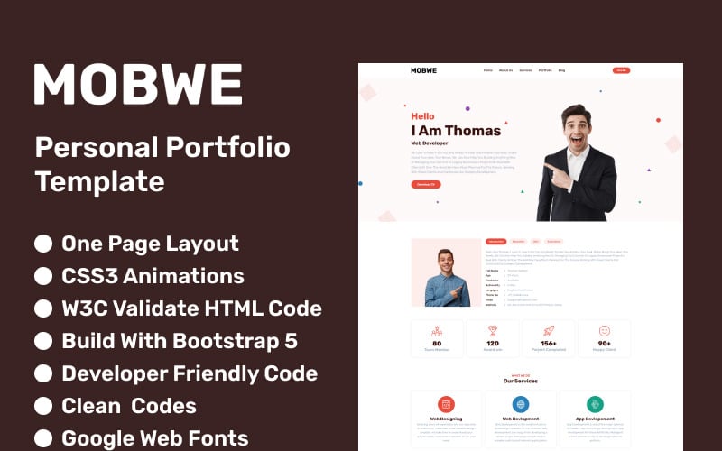 mobwe personal portfolio one page html template original
