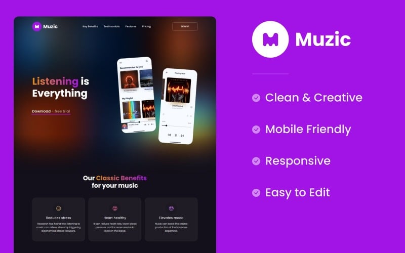muzic music app landing page html template original