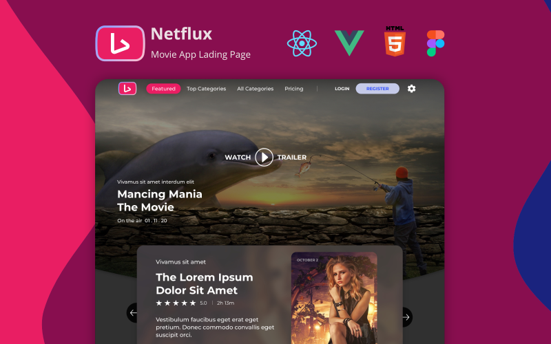 netflux streaming movie app react vue html and figma landing page template original