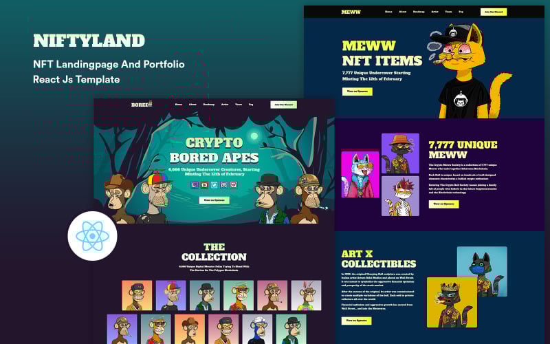 niftyland nft landing page and portfolio react js template original