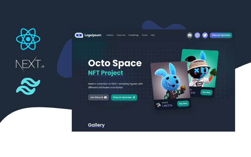 octo space react nft project landing page nextjs tailwindcss original