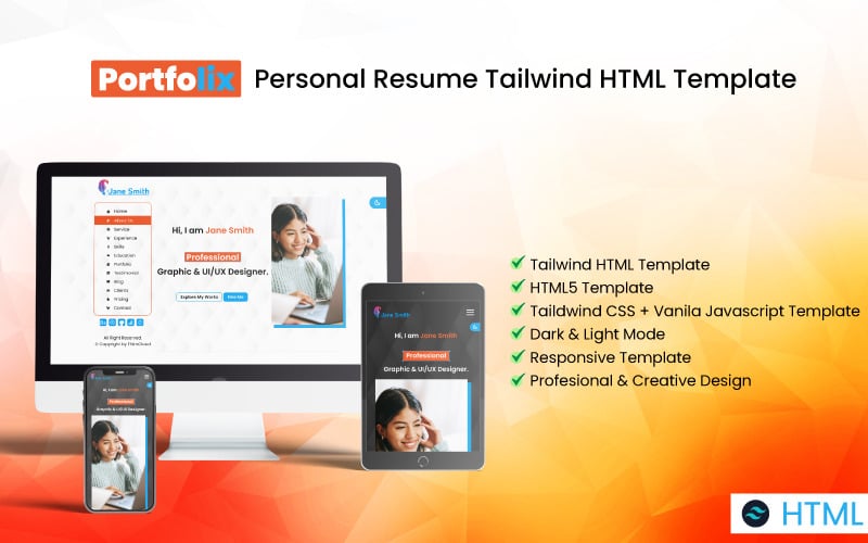 portfolix personal resume tailwind html template original