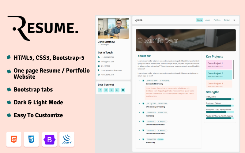 resume one page portfolio website original