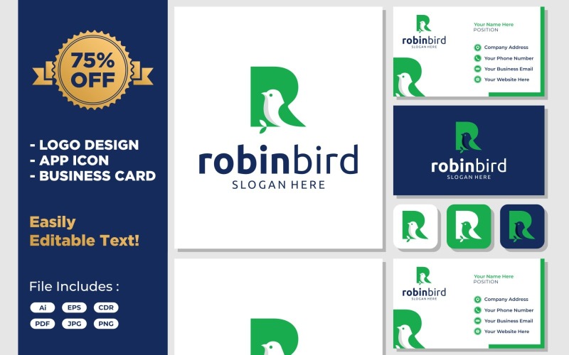 robin bird with letter r logo design original