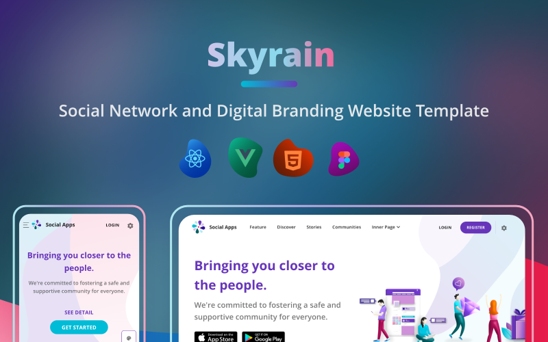 skyrain social network and digital branding html react vue and figma template original