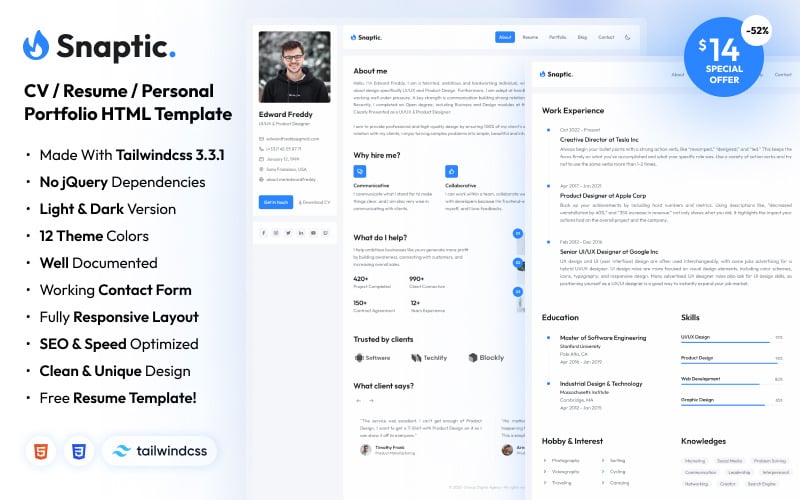 snaptic portfolio simple modern html website template original